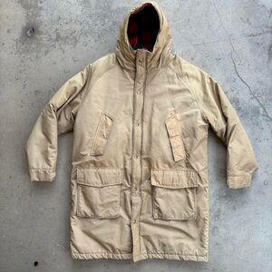 Vintage Eddie Bauer Hooded Winter Overcoat Men's Large Red & Green Wool Flannel